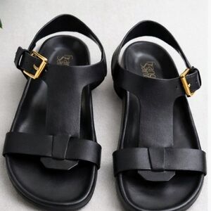 Franco Sarto Black Leather T-Strap Sandals – Gold Buckle